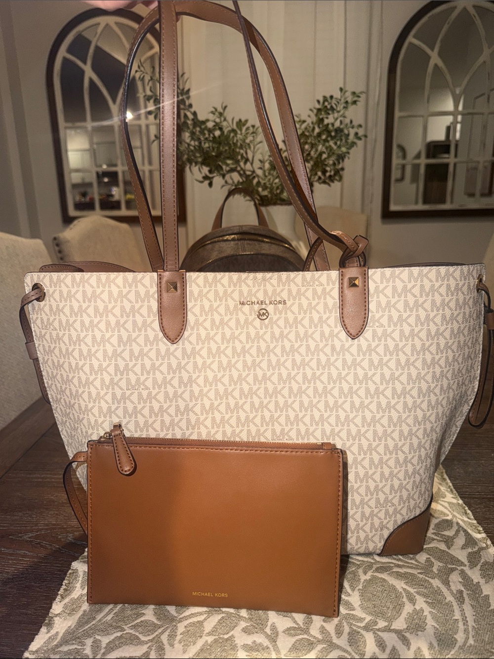 Michael Kors Signature Cream and Tan Tote with Brown Leather Pouch